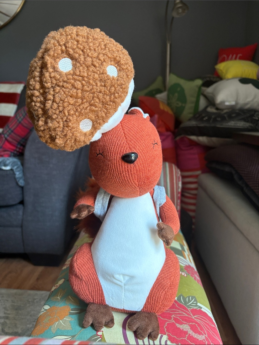 Brown-Soft corduroy Plush Squirrel with mushroom in his backpack
